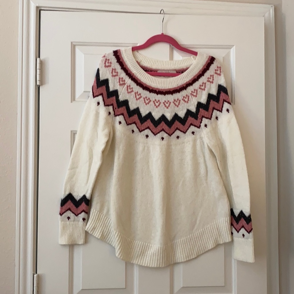 Loft white, pink, and grey sweater, heart detail